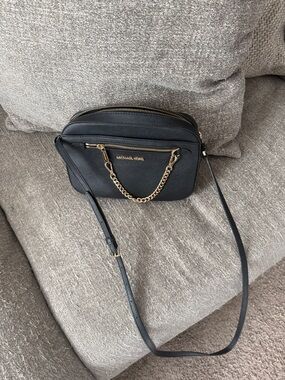 Michael Kors Black Leather Crossbody with Gold Chain Accent